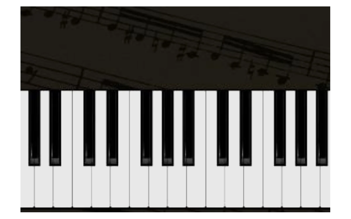 Piano keys against a background of musical notes